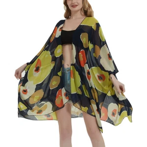 PLUS WOMANS CHIFFON LONG KIMONO WATERFALL CARDIGAN FLORAL TOP HIPPIE LOATY SHAWL - Picture 1 of 38