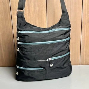 Travelon Multi-Zip Travel Crossbody Bag Black w/ Blue Zippers RARE - Picture 1 of 22