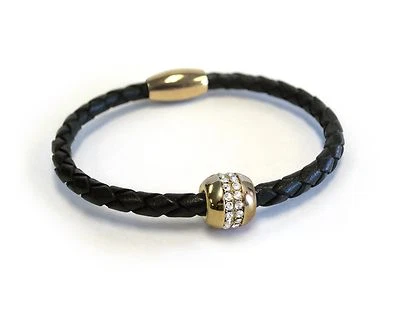 Brazalete de cuero negro Good Luck Karma chapado en oro de 18 quilates para mujer Foto 1 de 2