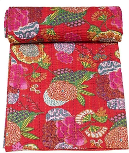 Handmade Fruit Print Red Kantha Quilt Reversible Cotton Blanket Bedding throw - Picture 1 of 8