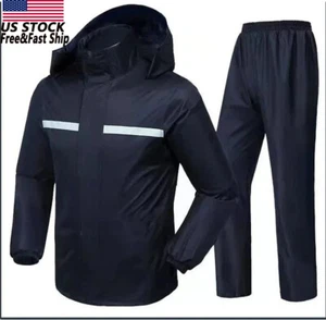 Tute antipioggia uomo giacca impermeabile pantaloni impermeabili di sicurezza nero cappuccio USA - Foto 1 di 22