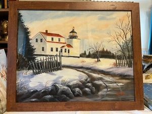 16 x 20 Framed Original Oil Painting on Canvas Paper....." Winter Lighthouse" - Picture 1 of 24