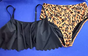Bikini da bagno CUPSHE nero/marrone LEOPARDATO balze top e fondo vita alta 2 pezzi taglia L - Foto 1 di 9