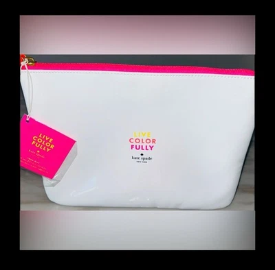 Bolsa de maquiagem cosmética Kate Spade nova com etiquetas LIVE COLORFULLY bolsa branca neon NOVA - Imagem 1 de 4