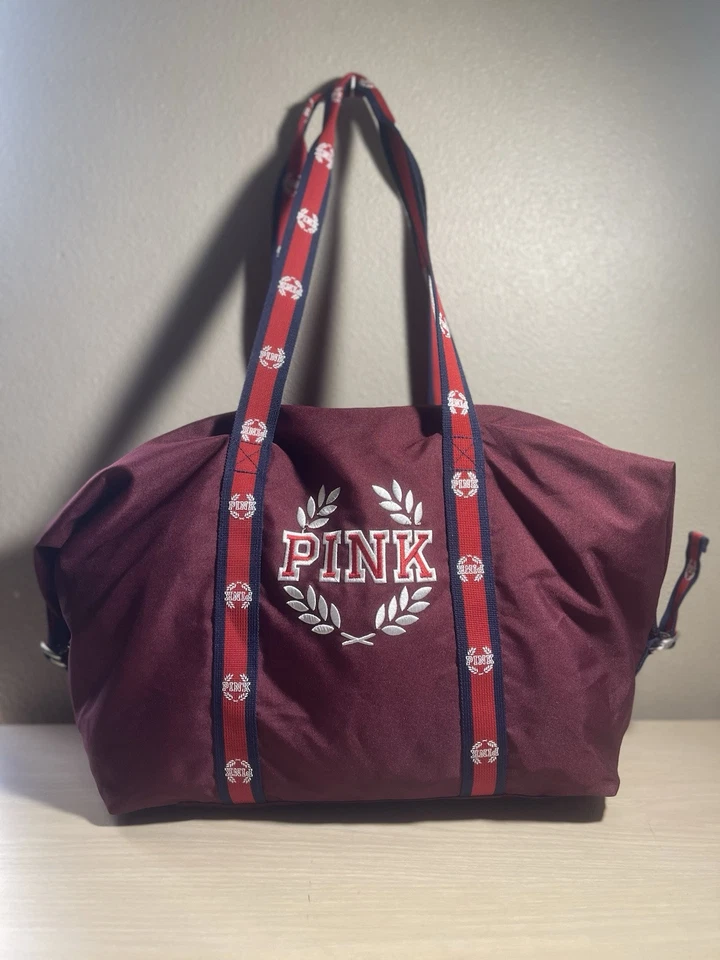 Victoria's Secret PINK Gym Duffle Tote Bag Dark Red Dark Blue NWOT 18X12 NICE - Image 1 of 4