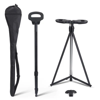 Gehstock mit Sitz Klappstuhl Aluminium tragbar höhenverstellbar schwarz outdoor - Bild 1 von 4