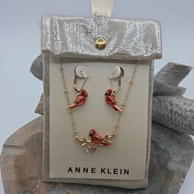 Anne Klein 3D красный кардинал эмаль ожерелье и капли серьги комплект новый подарок моды - Изображение 1 из 4