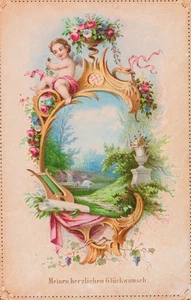 Glückwunschkarte mit Garten, um 1900, Chromolithographie Unbekannt (19.Jhd) - Picture 1 of 4