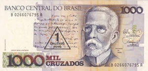 BRAZIL 1989 Note 1 Cruzado Novo overprinted 1000 Joaquim Maria Machado de Assis - Picture 1 of 2
