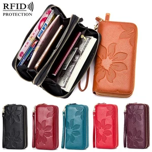 Damen Echtleder Geldbörse Clutch Doppelter umlaufender Reißverschluss Kartenetui Große Kapazität - Bild 1 von 22