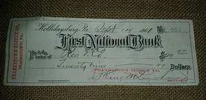 Antique Check First National Bank Hollidaysburg PA Frankstown Supply Co 1901 - Picture 1 of 11