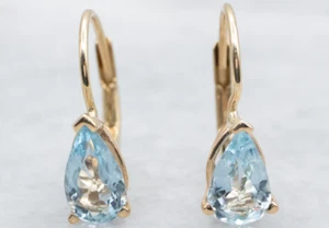 2CT Lab Created Aquamarine Drop Dangle Leverback Earrings 14K Yellow Gold Plated - Picture 1 of 5