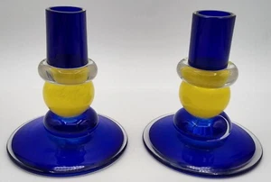 2 Chatham Glass Co. Cobalt Blue & Yellow 4" Candlestick Candle Holders - Picture 1 of 7