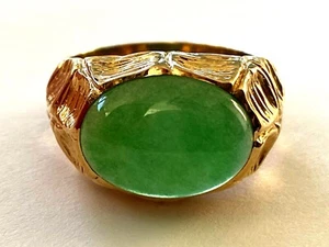 NOS 14K Yellow Gold Green Chalcedony Bamboo Texture Classy Men's Ring Size 10 - Picture 1 of 12
