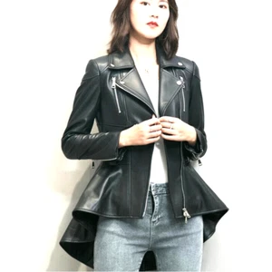 Women's Flared Leather Biker Jacket Long Zip up Lined Custom Size XL 2XL 3XL 4XL - Picture 1 of 5