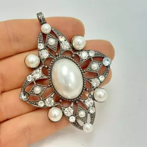 Ciondolo vintage strass e grande perla finta filigrana splendido 3" - Foto 1 di 4