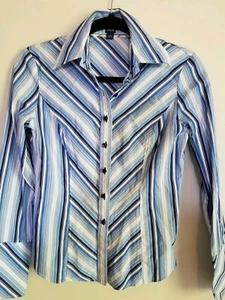 Women’s Tommy Hilfiger Blue and White Striped Button Down Roll Tab Shirt Size 2 - Picture 1 of 6