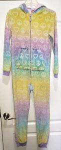 girls THICK PLUSH SLEEPER size XL 14/16 PASTEL HEARTS PEACE SIGNS PAJAMA 1 PC so - Picture 1 of 2