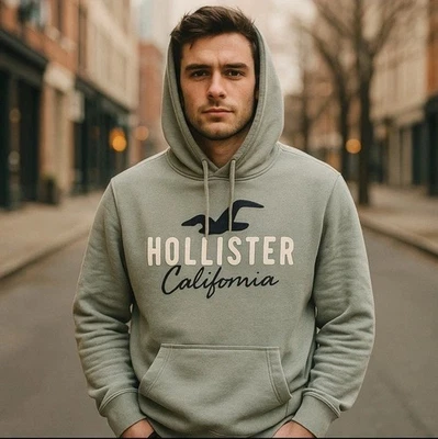 Hollister California Hombre XL Verde Salvia Logo Sudadera con Capucha Ropa de Calle Pullover Polar Foto 1 de 4
