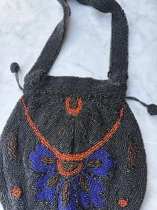 Antique Black Beaded Handbag Small Flapper Purse Drawstring F. H. & Co. Belgium - Picture 1 of 16