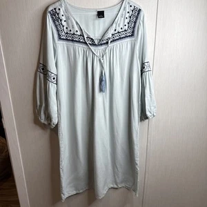 India Dress XL Cotton/Lyocell. Soft Blue Embroidered Tassel Tie Knee - Picture 1 of 10