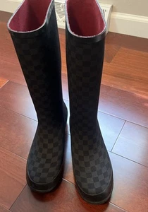 L.L. Bean Size 8 Medium Wellies Black Checkerboard Knee High Rain Boots EUC - Picture 1 of 9