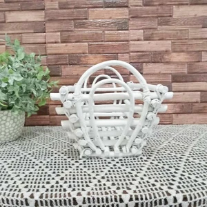 Boho Primitive White Basket Cute Decorative Open Weave Tree Branches Basket - Picture 1 of 6