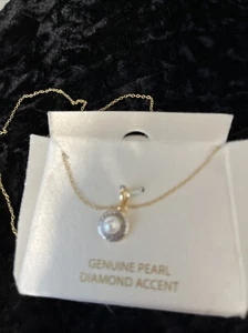 Silver Pearl & Diamond Necklace ~ 18in - Picture 1 of 4