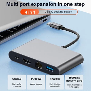 4 in 1 Docking Station TYPE-C to RJ45 100M HDMI USB3.0 PD for MacBook iPad ProS1 - Photo 1/15