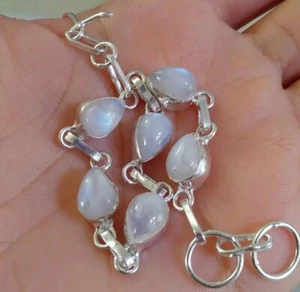 NATÜRLICHE TROPFEN BLAUER REGENBOGEN MONDSTEIN 925 STERLINGSILBER KETTE ARMBAND 7,5" - Bild 1 von 7