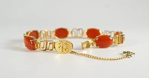 Chinese Faux Carnelian Prong Set Oval Glass Cabochon Gold Tone Link Bracelet - Picture 1 of 7