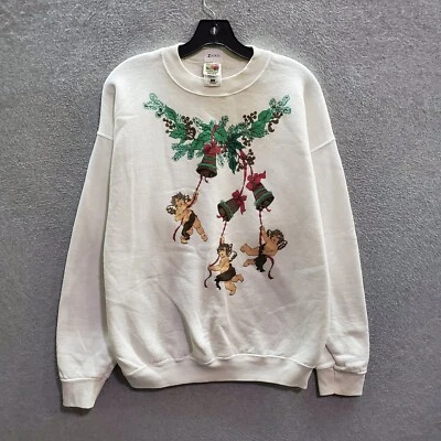 VINTAGE Jingle Bells Christmas Women Sweatshirt Large White Angels Holiday — 第 1/4 张图片