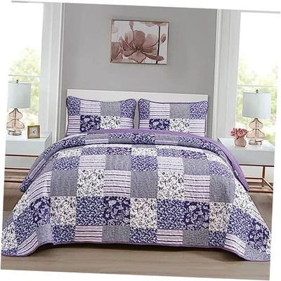  Quilt Set Size, 3 Pieces Boho Plaid Floral Bedspread California King Purple - Image 1 of 4