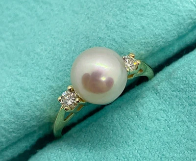 Anillo Tiffany & Co. Oro Amarillo 18k Perla Diamantes Talla 4 Foto 1 de 4