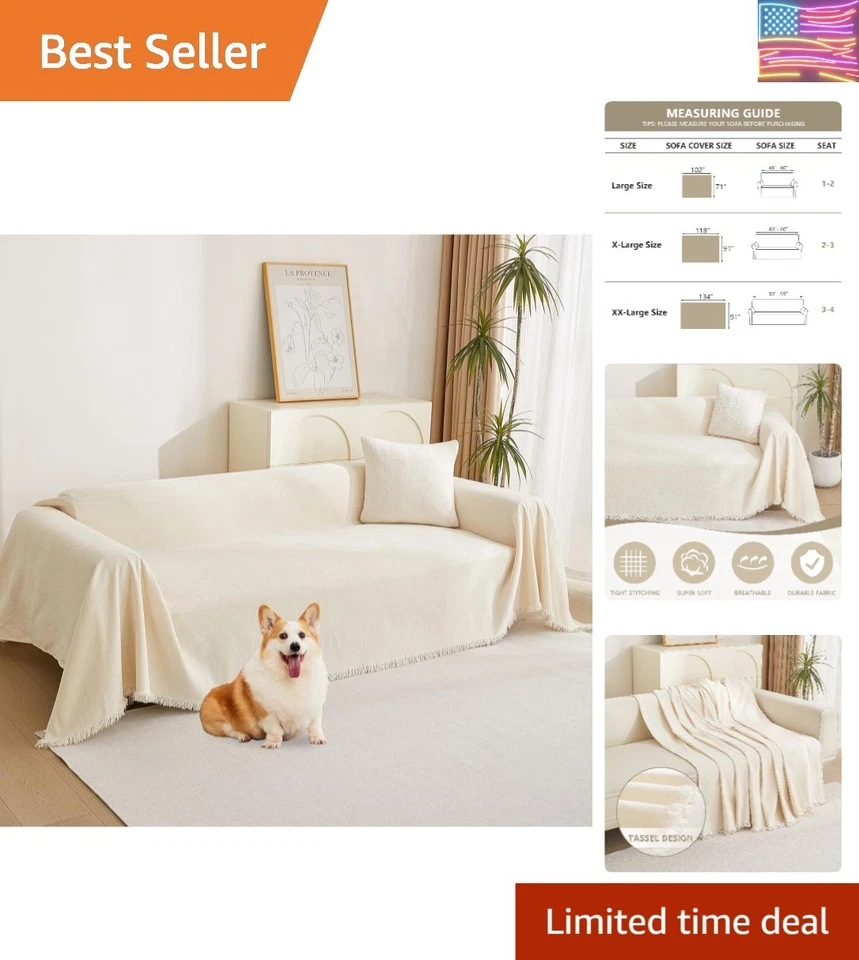 Funda de sofá de chenilla versátil en beige con borde de borla - tamaño 91"" x 134"" Foto 1 de 4