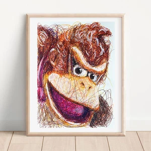 Donkey Ballpoint Pen Print, Super Mario Art Poster - Picture 1 of 3