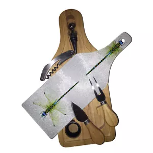 Cutting Board Wine and Glass Cheese Board Gift Set Dragonfly Design - Picture 1 of 3