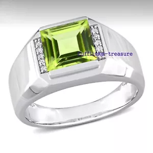 Natural Peridot & Moissanite Gemstones with 925 Sterling Silver Men's Ring #7082 - Picture 1 of 7