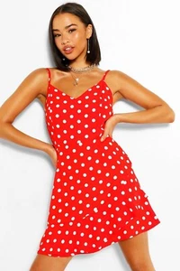 BOOHOO CHIFFON POLKA DOT RUFFLE HEM MINI DRESS - RED SIZE 10 - Picture 1 of 10