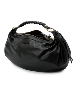 MIU MIU PRADA 5BC079 BLACK SOFT LEATHER BRAIDED STRAP LOGO HOBO SHOULDER BAG - Picture 1 of 15