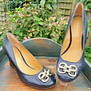 NINE WEST Tanaya Navy Blue Leather Wedge Heel Court Shoes Pumps UK 5.5 US 8W NEW - Picture 1 of 12