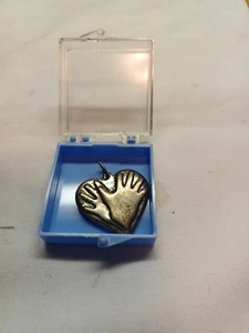 Heart Shape Charm Pendant Two Toned Silver 925 Embossed Handprints Sz 1" - Picture 1 of 6