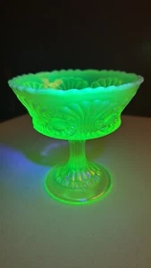 Fenton Topaz Iridescent Vaseline Glass Footed Compote Dish Eye And Scroll - Picture 1 of 8