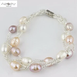 Women Real Oval White / Pink Pearl Twist Beaded Magnet Clasp Hand Bracelet 7.5" - Picture 1 of 8