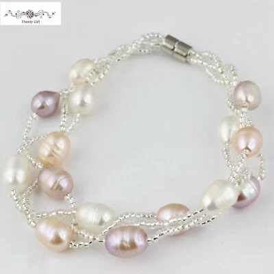 Women Real Oval White / Pink Pearl Twist Beaded Magnet Clasp Hand Bracelet 7.5" - Image 1 of 4