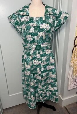 Vintage 1940s Handmade Green Floral Patchwork Belted Midi House Day Dress - Image 1 of 4