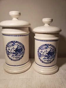 2 Pc Vintage McCoy Pottery Blue Willow Asian 8.5" & 7.5" White Canister W/ Lids - Picture 1 of 22