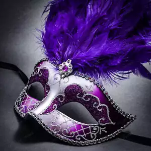 Purple Silver Venetian Ostrich Feather Masquerade Ball Mardi Gras Halloween Mask - Picture 1 of 5