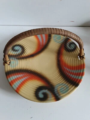 Obstteller Servierteller Zierteller Keramik Spritzdekor Griff Bast vintage 30er - Bild 1 von 3