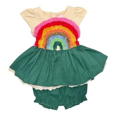 Nuevo con etiquetas Vestido Niña August Arco Iris Florers Talla 2 Verde Tul Atado Espalda Caprichoso Foto 1 de 4
